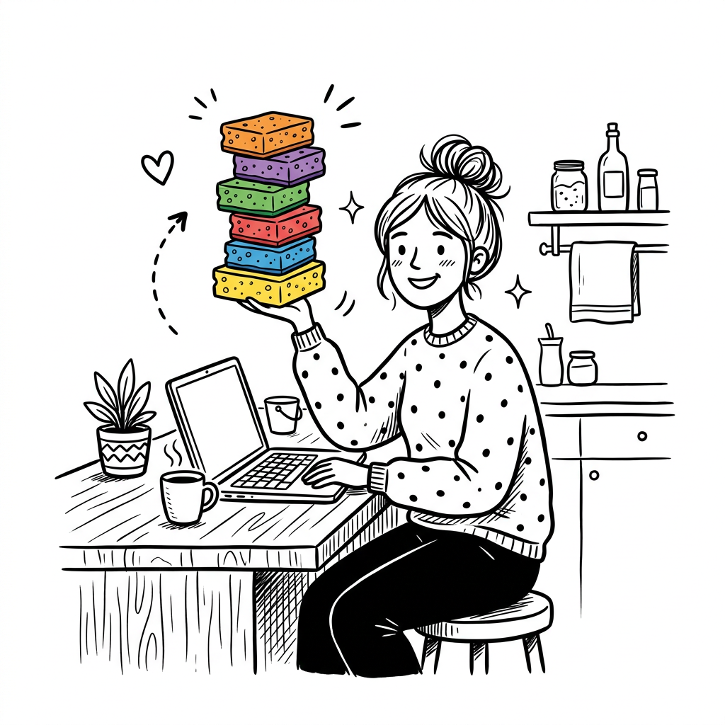 Line drawing of a woman at a kitchen laptop, lifting a stack of six colored sponges