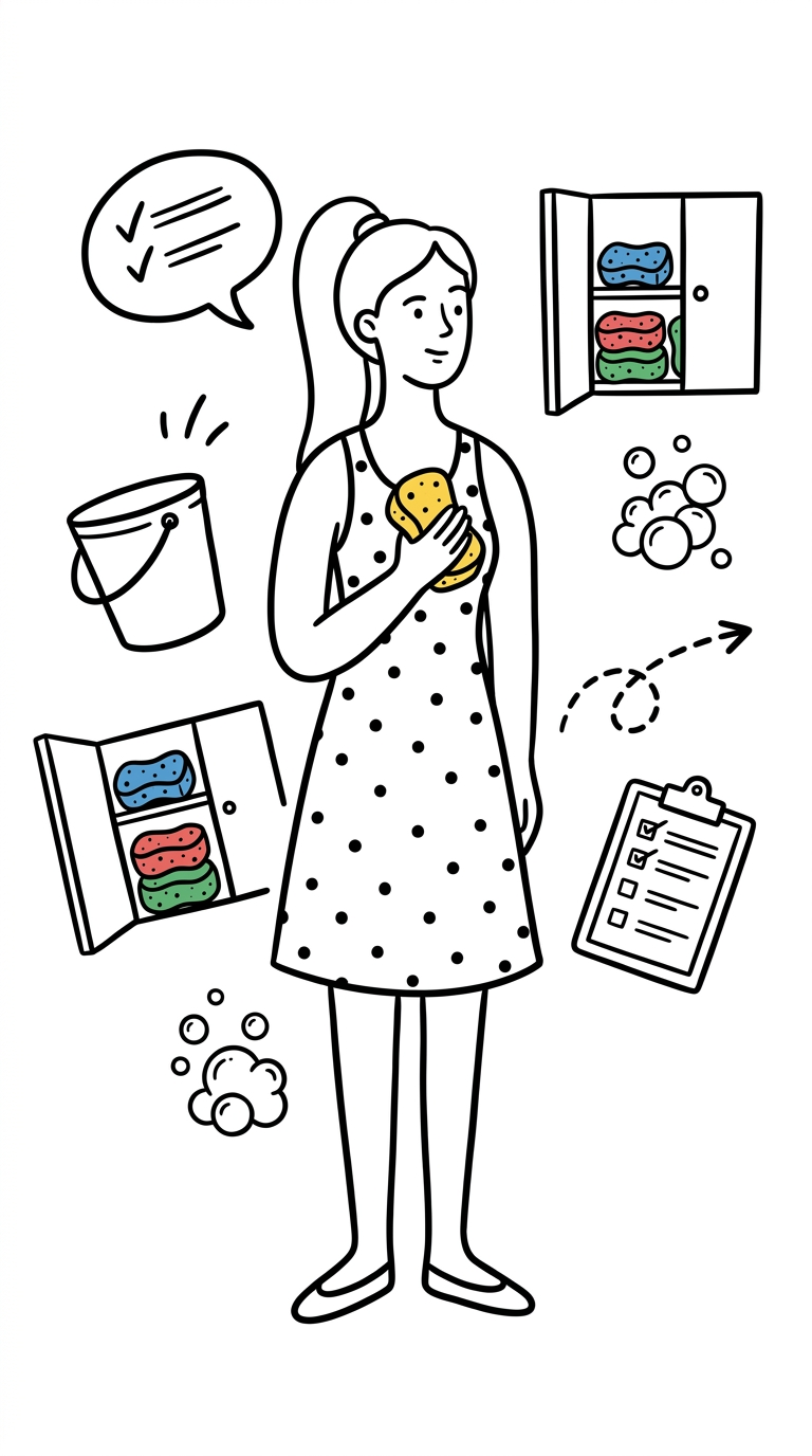 Line drawing of a woman holding a yellow sponge, with cupboards of colored sponges, a bucket and a checklist around her
